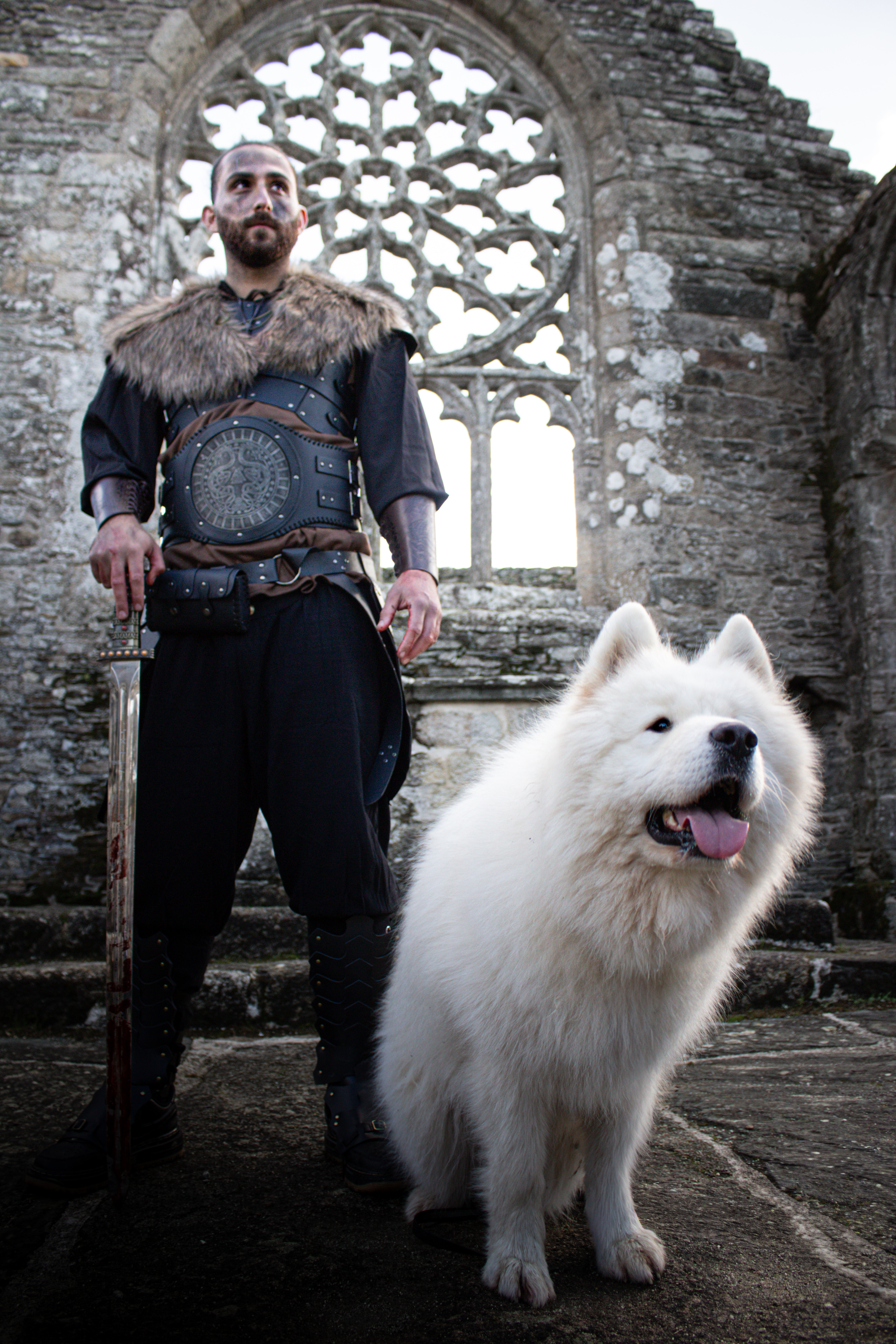 Loup blanc au premier plan devant un guerrier viking en armure